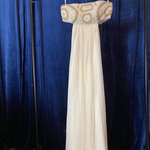 Shimmer by Bari Jay, ivory white long dress with gold and white beading, size 4